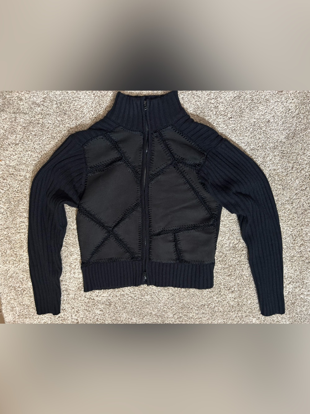 Great American Sweater Co Black Patchwork Faux Suede Knit Zip Up Jacket L